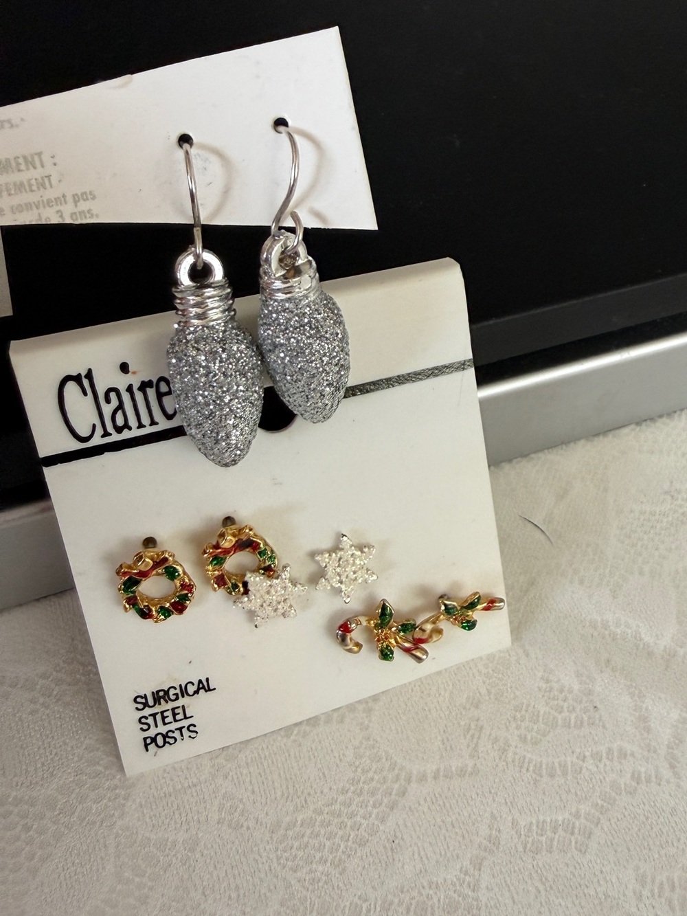 Claire's Silver Glitter Holiday Light Drop Earrings & Stud Bundle Christmas New